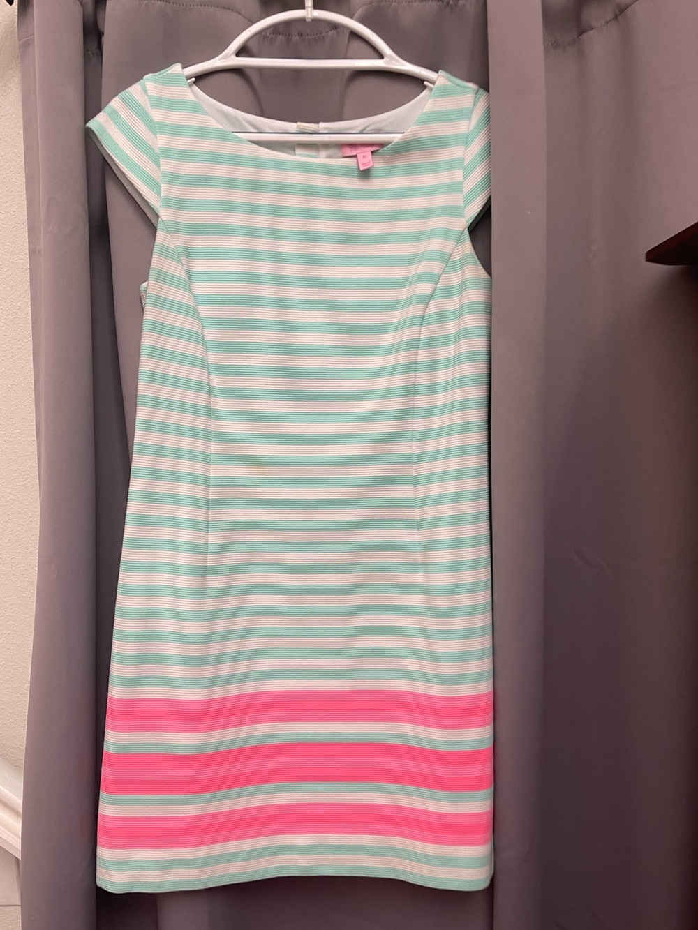 Lilly Pulitzer Cap‑Sleeve Striped Dress Size M Mint/White/Hot Pink – Excellen
